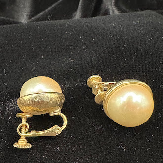 Gold Tone Faux Pearl Screw Back Earrings Classic Round Domed Button Vintage Elegant Jewelry