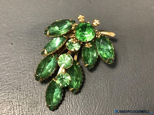 1950s–1960s Gold Tone Uranium Glass Dragonfly Brooch UV Reactive Green Marquise Rhinestone Pin