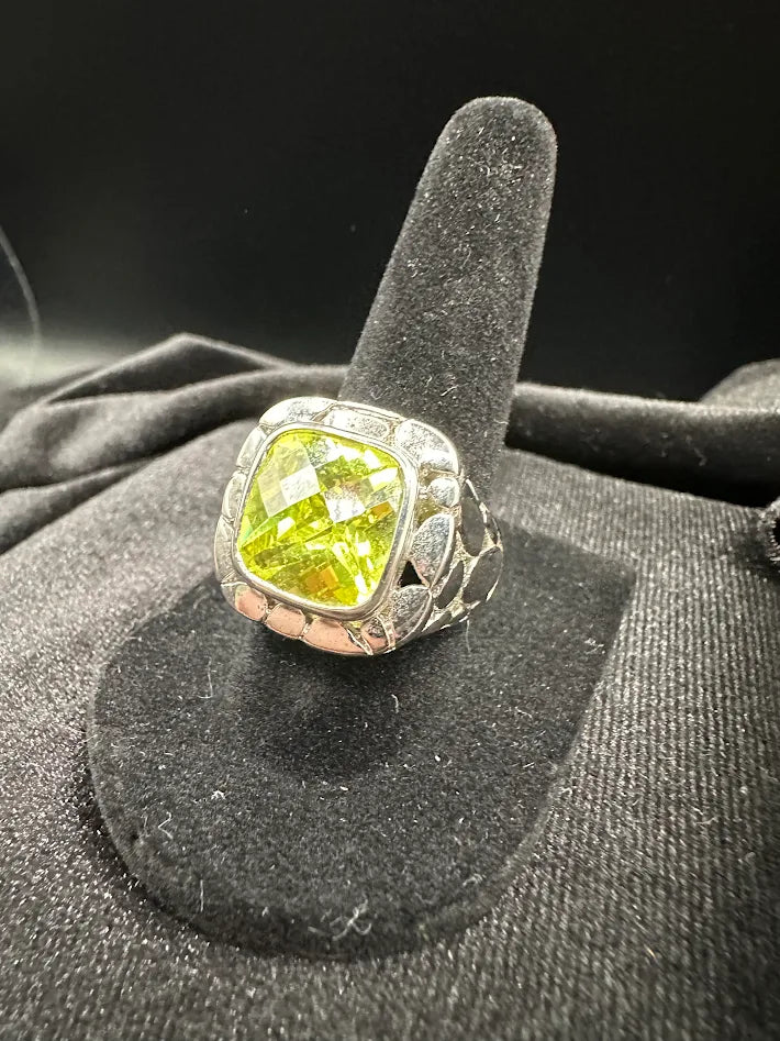 Sterling Silver Green Quartz Statement Ring Size 7 Large Cushion Cut Peridot Style Artisan Ring