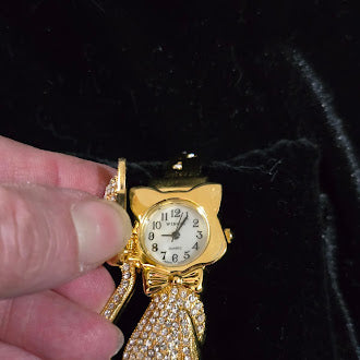 Vintage Wincci Crystal Cat Bracelet with Hidden Watch Gold Tone Rhinestone Figural Cat Cuff Curated Estate Glam