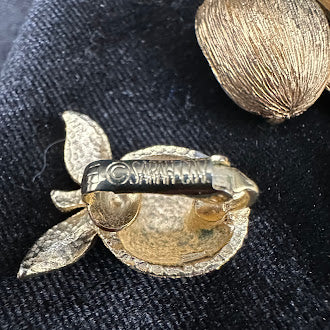 Gold-tone berry branch brooch and matching clip-on earrings with brushed etched finish, view 2