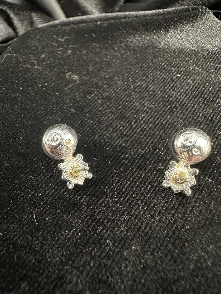 Silver-tone faux pearl stud earrings with geometric accent at the base, view 3