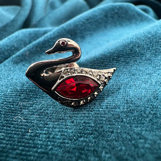 Swarovski silver tone swan tie tack with red and clear crystals