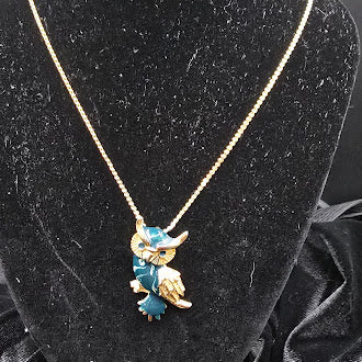 Gold Tone Blue Enamel Owl Pendant Necklace Crystal Eyes Whimsical Bird Jewelry