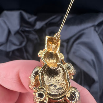 Signed Christopher Radko gold-tone teddy bear drummer Christmas brooch with red and green enamel, view 4