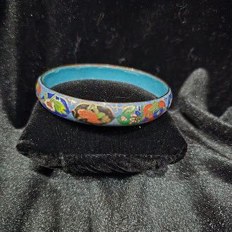 Cloisonne Enamel Bangle Bracelet Set of 2 in Blue and Black with Floral Motif, Glossy Finish, Curated Estate Stack Style
