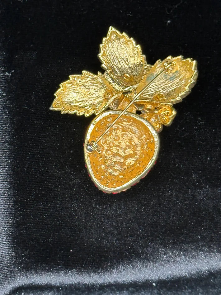 Vintage Gold Tone Strawberry Brooch Red Rhinestone Pave Enamel Leaves Floral Crystal Statement Pin