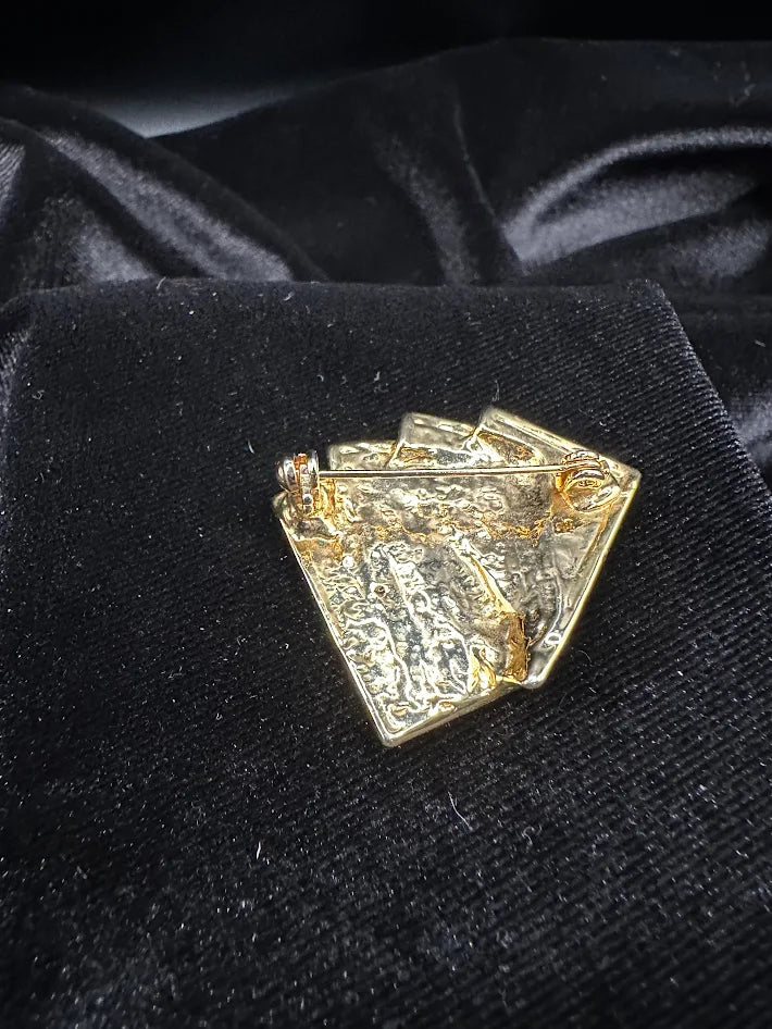 Gold tone enamel playing card brooch with clear rhinestones