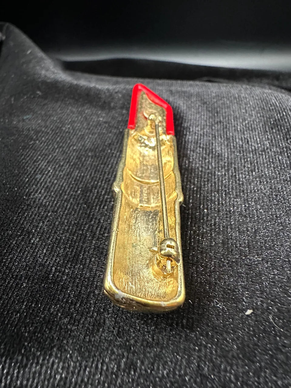Gold-tone lipstick brooch with red top and ribbed tube, view 2