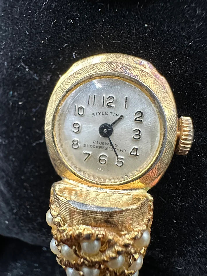 Time Gold Tone Faux Pearl Bracelet Watch Ladies Wristwatch