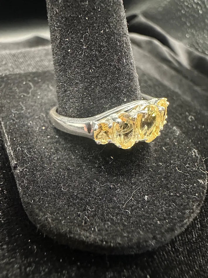 D’JOY 925 Sterling Silver Citrine Ring Five Stone Yellow Gem Band Size 10.25 US
