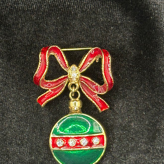 Christmas ornament brooch with red enamel bow and green ornament with rhinestone band, view 2