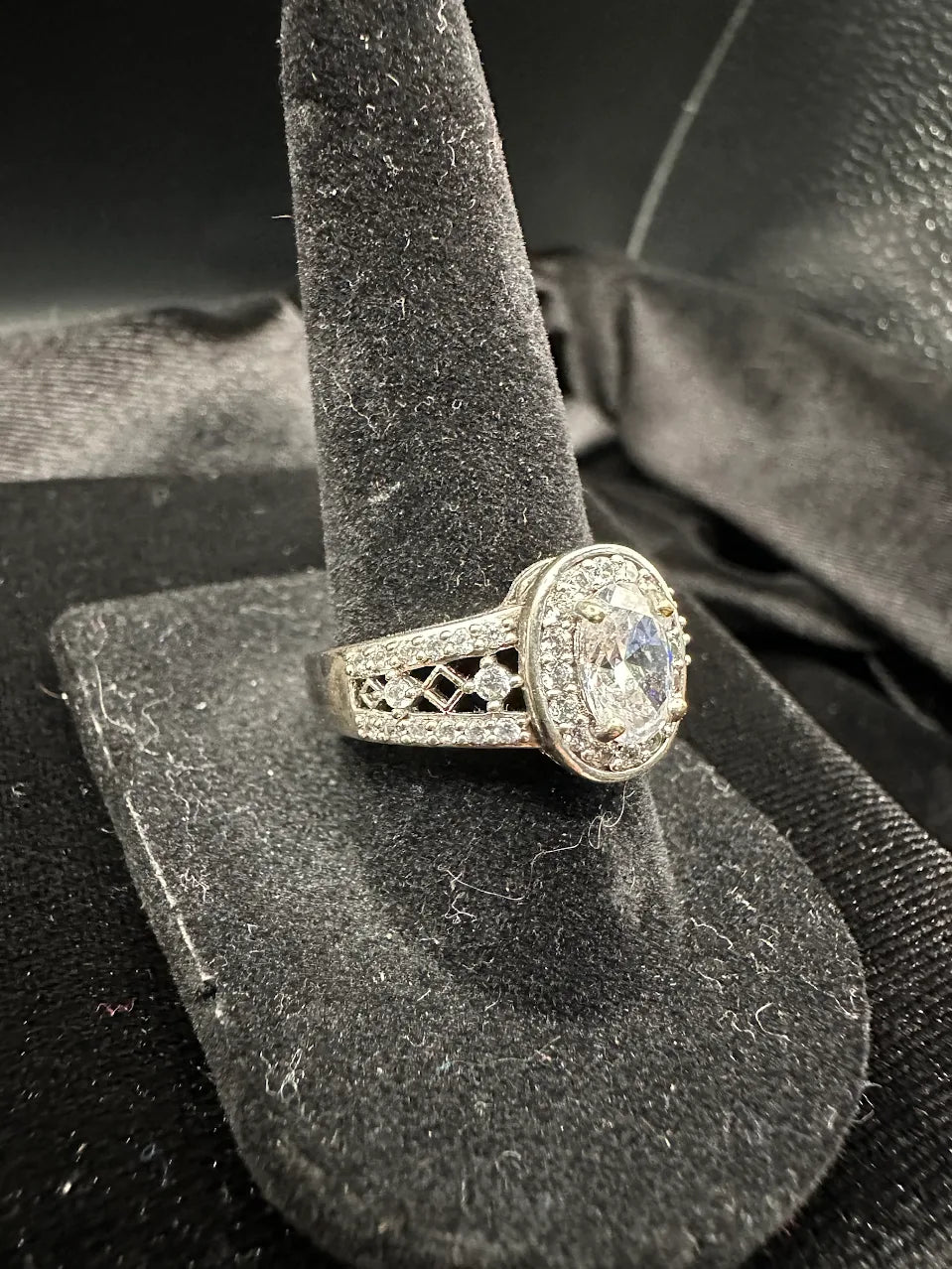 Silver Tone Clear Crystal Ring Oval Halo Statement Openwork Band Design