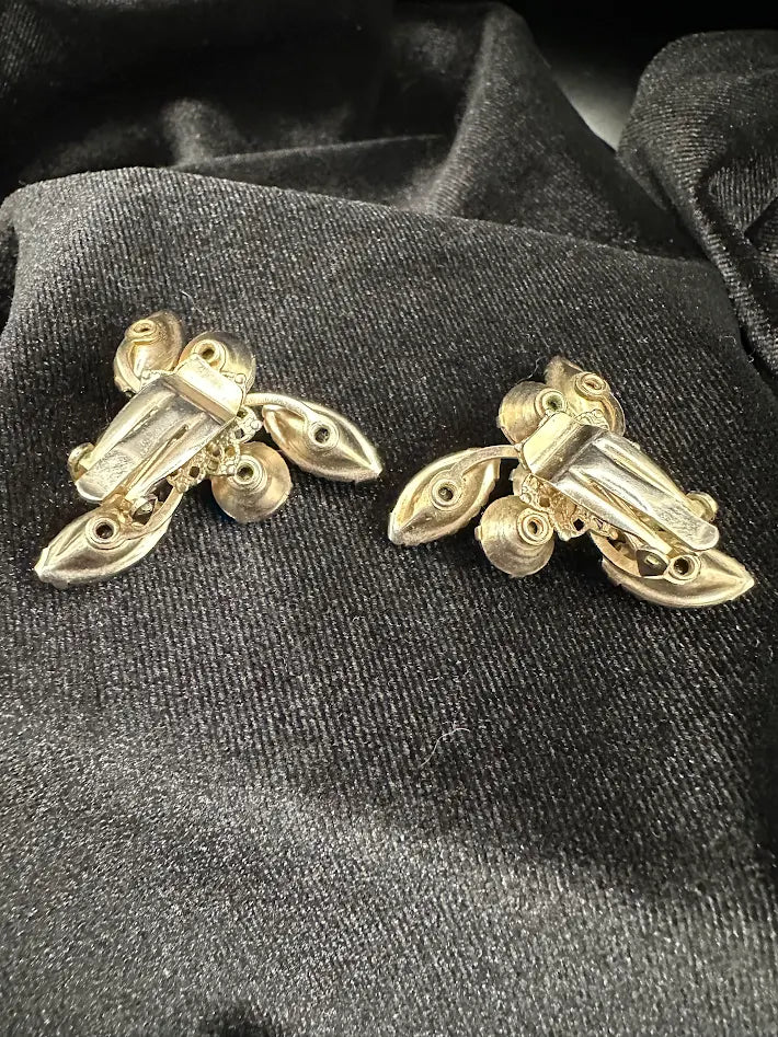 1950s–1960s Gold Tone Pink and Clear Crystal Floral Cluster Clip Earrings Marquise Rhinestone Statement Jewelry