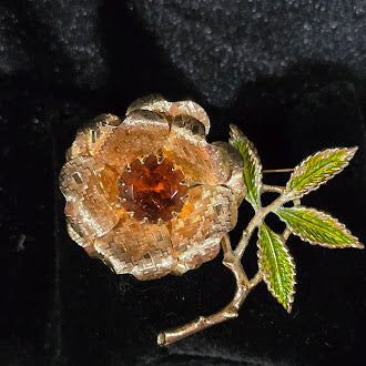 Vintage Sarah Coventry Flower Brooch Amber Rhinestone Enamel Leaves Gold Tone Floral Estate Designer Pin