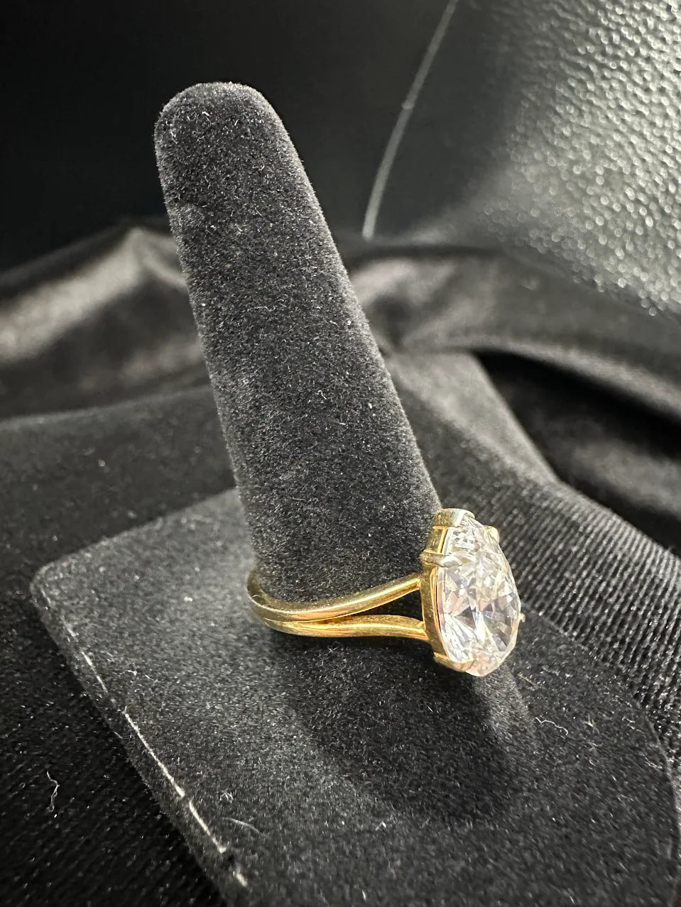 Gold Tone Clear Crystal Pear Solitaire Ring Bridal Inspired Statement Design