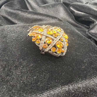 Silver-tone strawberry brooch with orange rhinestones, clear crystal accents and textured leaves, view 6