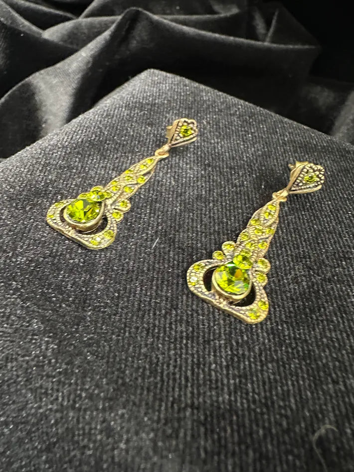 Gold-tone openwork drop earrings with green crystals and clear pavé rhinestones, view 3