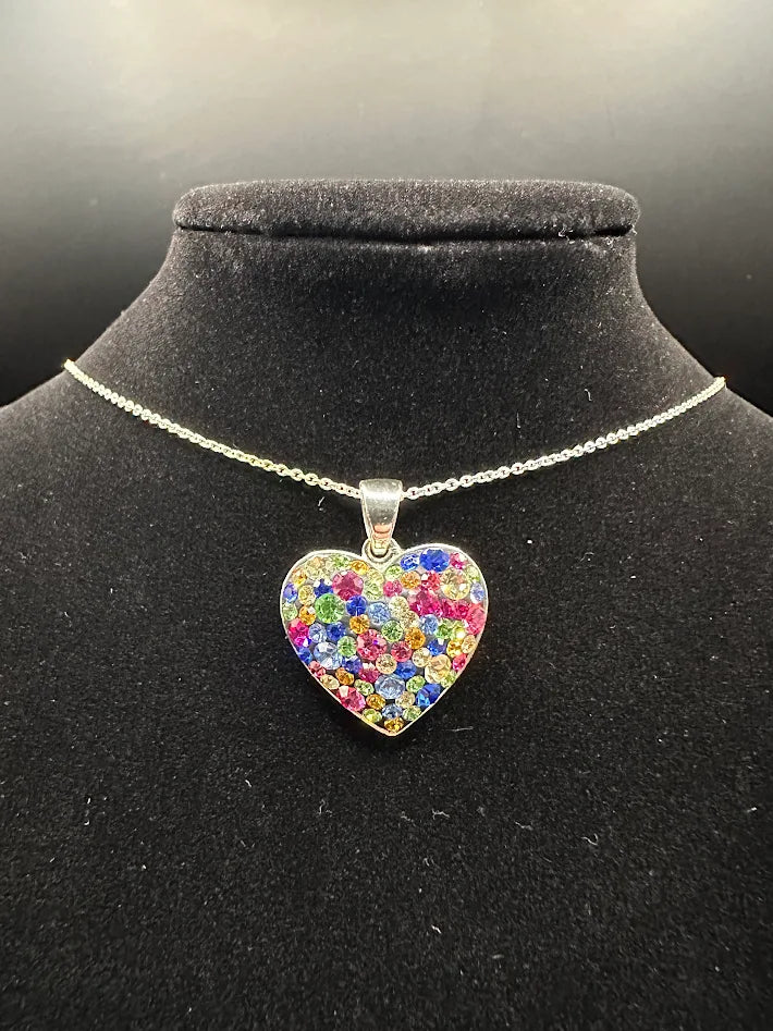 JCM Thailand Multicolor Crystal Heart Pendant Necklace Silver Tone Chain Vintage Signed Statement