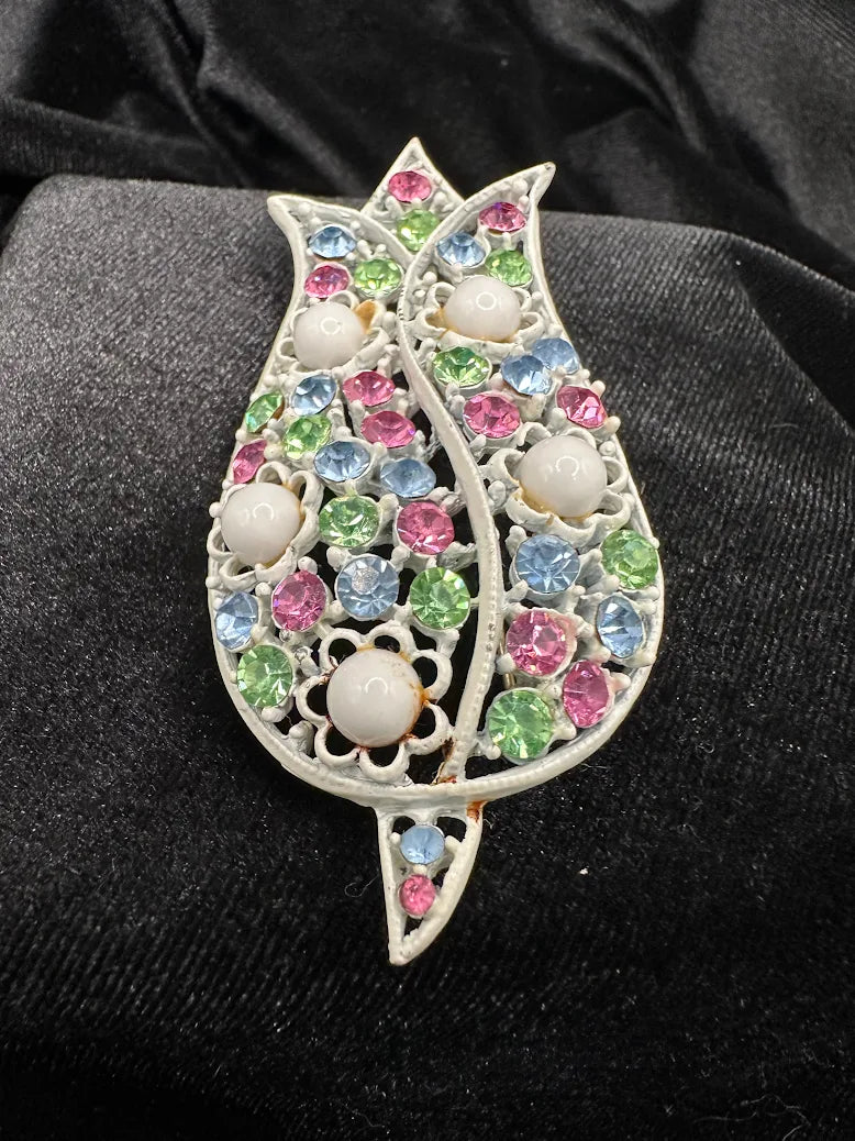 White enamel openwork tulip brooch with pastel pink, blue and green rhinestones, view 2