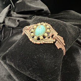 Goldette Victorian Revival Bracelet Turquoise Cabochon & Pearl Ornate Vintage Link Bracelet