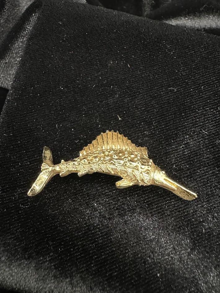 Gold-tone leaping marlin brooch with textured body and raised dorsal fin, view 2