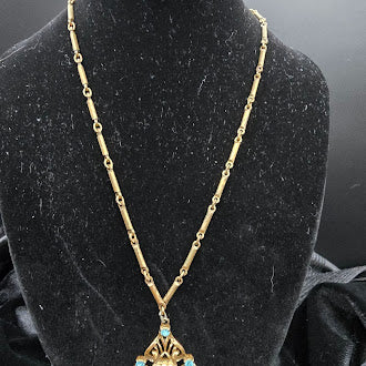 Gold Tone Filigree Pendant Necklace Blue Crystal Faux Pearl Vintage Style Statement Necklace