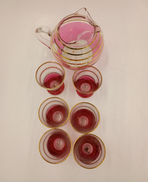 1950s–1960s Macbeth Evans Pink Glass Pitcher Set Gold Stripe 6 Glasses Depression Era