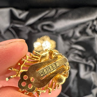 Signed Lisner gold-tone floral spray brooch and clip-on earrings with clear rhinestones, view 5