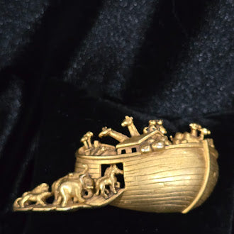 Signed AJC gold-tone Noah's Ark brooch with animal silhouettes, view 2