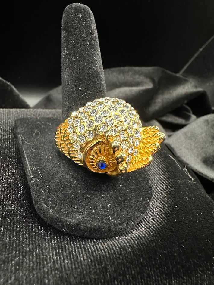 Gold Tone Owl Ring Blue Rhinestone Eyes Crystal Statement Ring Size 8 Vintage Animal Jewelry