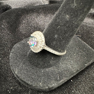 Sterling Silver Peacock Quartz Halo Ring with Cubic Zirconia Size 7.5