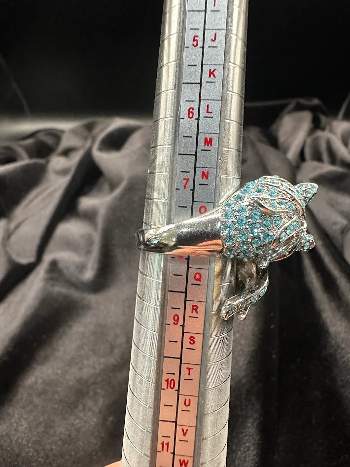 Vintage Horse Head Wrap Ring Silver Tone Blue Rhinestone Equestrian Statement Ring