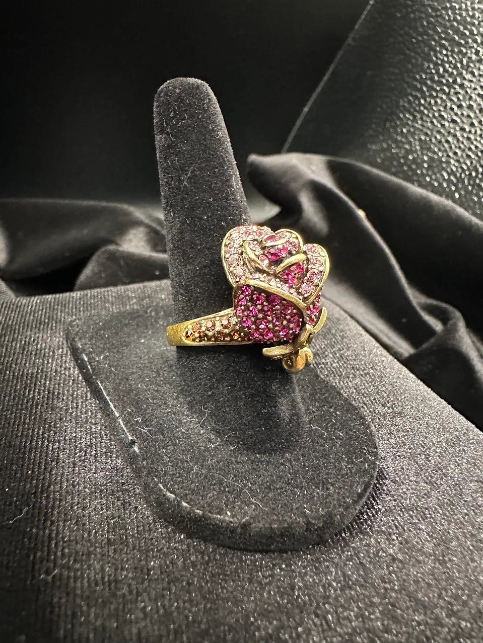 Heidi Daus Pink Crystal Rose Statement Ring Gold Tone Floral Cocktail Designer Jewelry