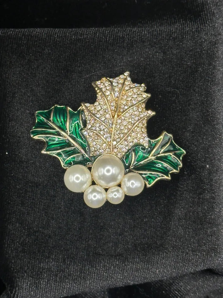 1950s–60s Holly Leaf Brooch by Givenchy Gold Tone Rhinestone Enamel Pearl Christmas Pin