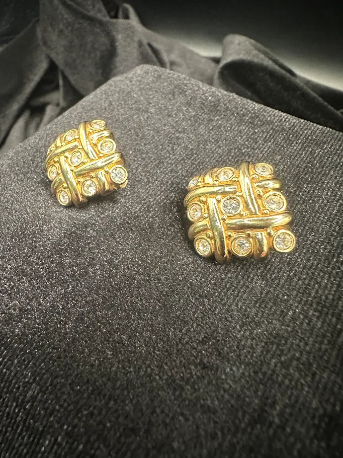 Signed Swarovski gold-tone basketweave clip earrings with clear crystal accents, view 3