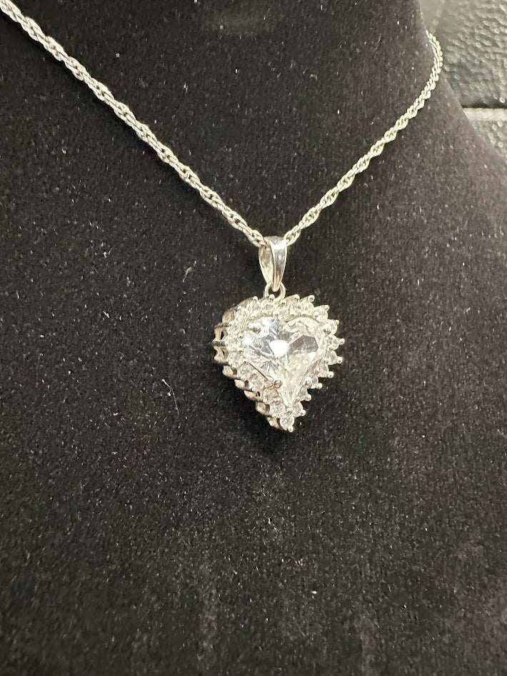 Silver Tone Crystal Heart Pendant Necklace Layered Pave Rhinestone Vintage Style Elegant