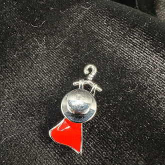 Silver-tone dress-shaped brooch set with red rhinestones, view 2
