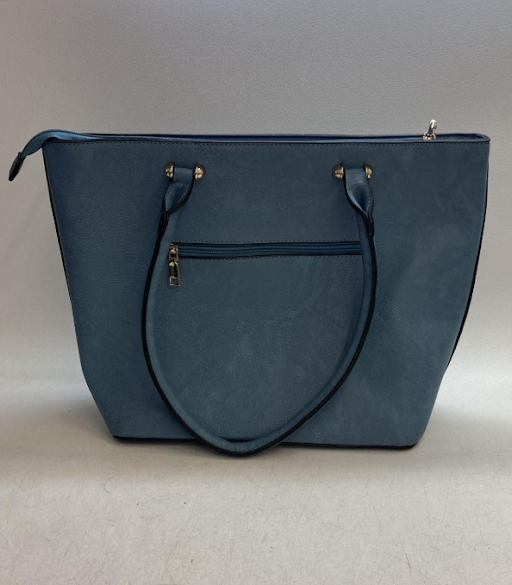 Blue pebbled faux leather tote with matching wristlet clutch, view 3