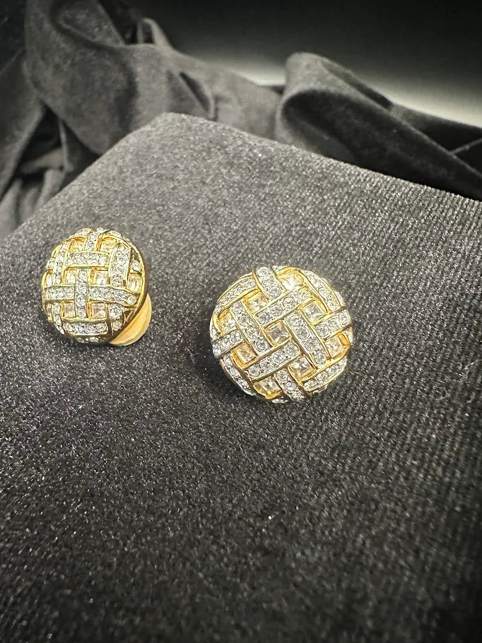 Signed Swarovski gold-tone basketweave clip earrings with clear crystals in silver-tone channels, view 5