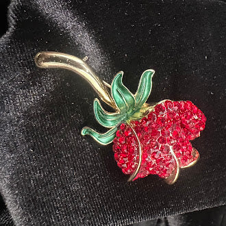 (SOLD) Vintage Monet Gold-Tone Red Rhinestone Rose Brooch with Green Enamel Leaves