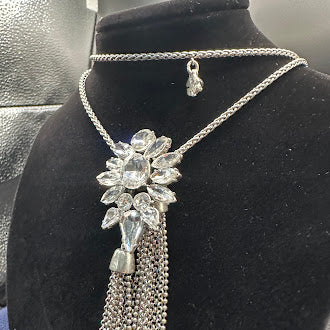 Silver Tone Crystal Statement Necklace Floral Cluster Tassel Drop Vintage Style Rhinestone Pendant Necklace