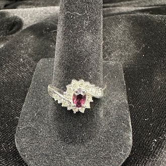 Vintage Silver Tone Amethyst Color Crystal Halo Ring – Simulated Diamond Accents