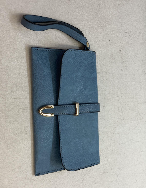Blue pebbled faux leather tote with matching wristlet clutch, view 5