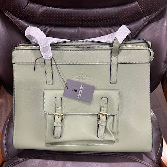 Olive green pebbled structured tote with front buckle detail and top handles, view 3