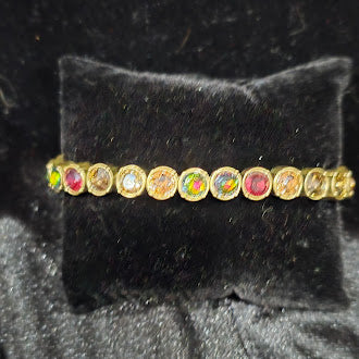 Vintage Style Stella & Dot Gold Tone Multicolor Rhinestone Bracelet with Bezel Set Crystal Line, Rainbow Sparkle, Curated Estate Glam, 24g