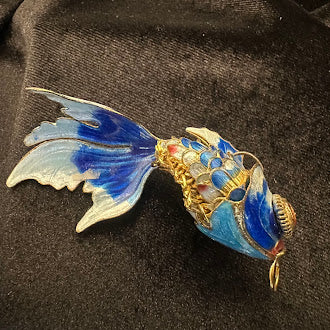 Blue Enamel Cloisonne Articulated Fish Pendant Gold Tone Wirework Detail