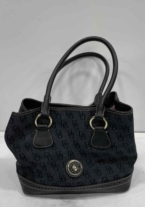 Dooney and Bourke black denim DB monogram shoulder bag with black leather trim, view 2