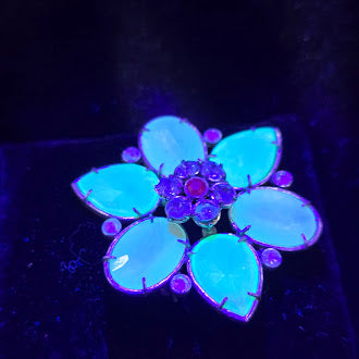 Vintage UV Reactive Floral Brooch with Pastel Petal Stones and Rhinestone Center, Estate Statement Flower Pin, Iridescent Glow Under Blacklight