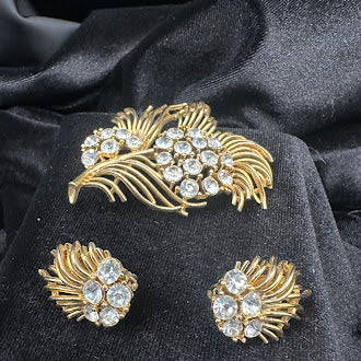 Lisner Gold Tone Rhinestone Floral Spray Brooch and Clip On Earrings Set Vintage Costume Jewelry